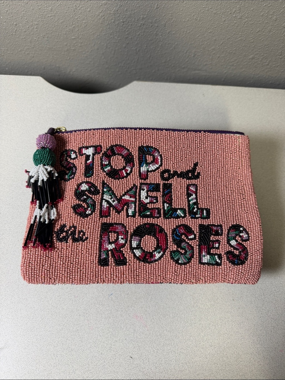 Anthropologie Pink Beaded 'Stop and Smell the Roses' Zip Pouch